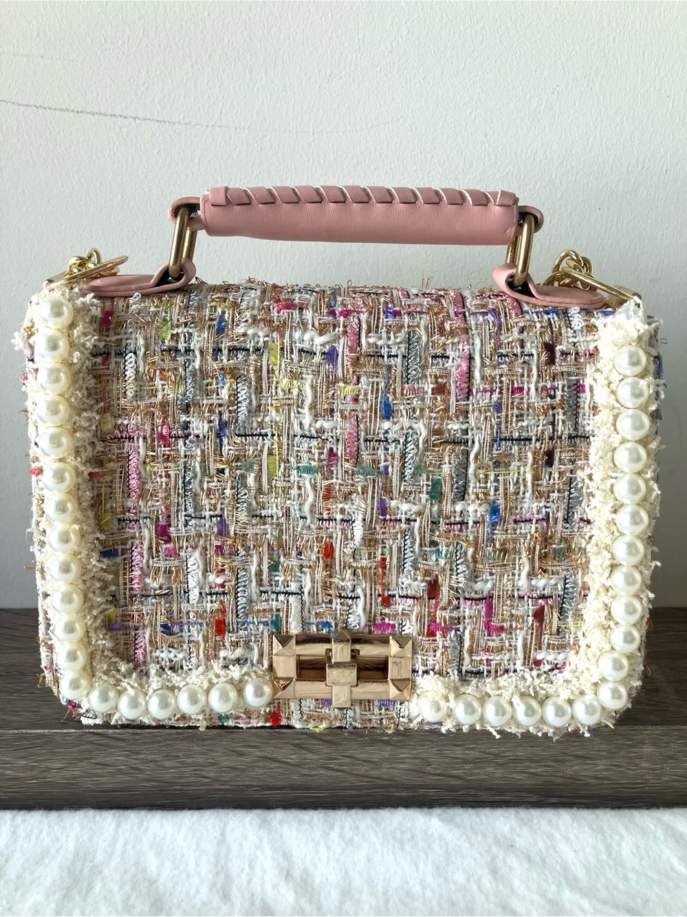 Small Pink Tweed Purse Handbag Pastel Pink Multicolor Plaid w/ Faux Pearl Trim